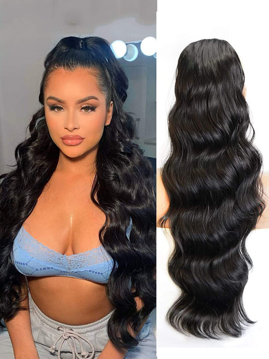 Synthetic heat resistant body wave ponytail hair extensions - 24 inches long. Wrap-around drawstring curly wavy ponytail hairpiece for women and girls in natural black (#1b).