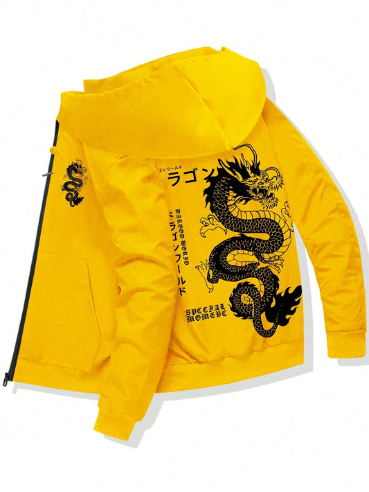 Autumn and winter men's casual jacket featuring a new dragon and letter pattern, complete with a zipper, hood, and pockets.