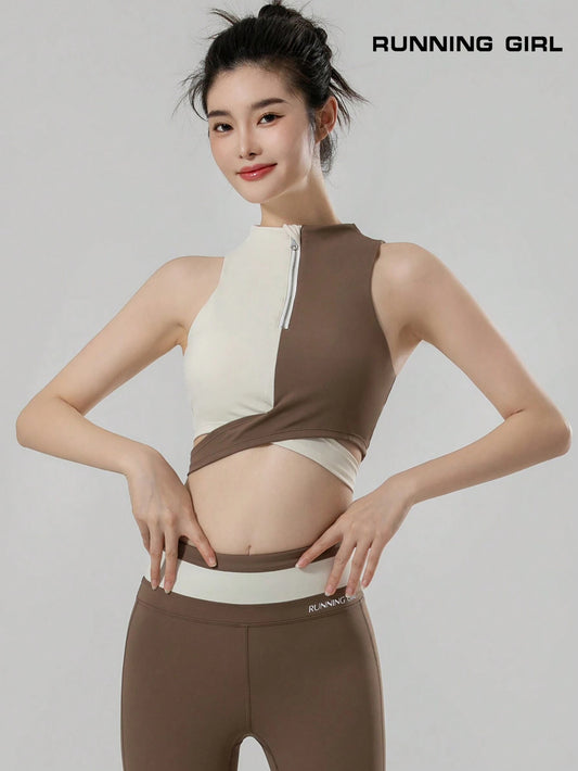 The Running Girl High Stretch Skin-Friendly Front Zipper Waist Belt Sports Bra offers mid-strong impact support and a small design, suitable for wearing as outerwear.
