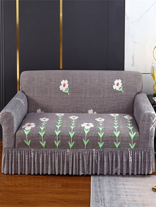 Floral Pattern Knitted Sofa Cover with Skirt Style Hem, Perfect for the Living Room