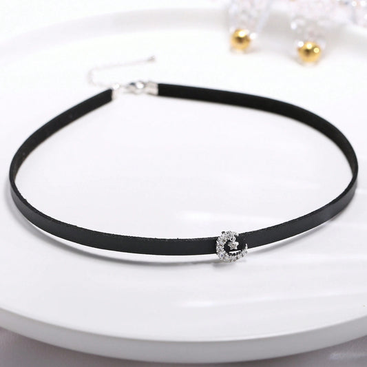 Stylish S925 Sterling Silver Crescent Moon Necklace on Black Leather Collar - Ideal for Daily Wear, Perfect Gift for Friends or Girlfriends.