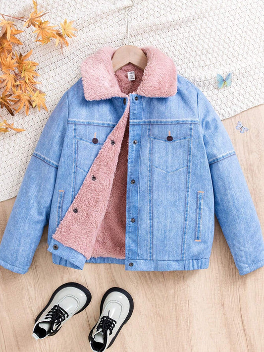 Denim Look Jacket with Button Front and Fleece Lining, Designed for Teenage Girls.