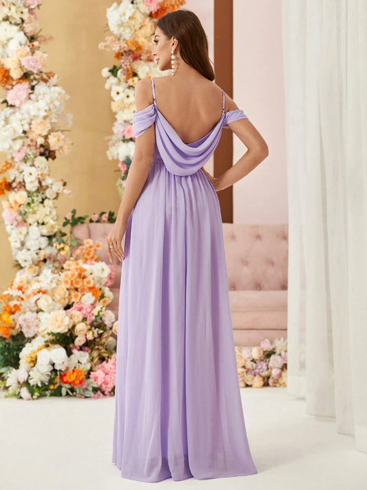 Off-Shoulder Bridesmaid Dress (Adult) with Wide Skirt, Low Back, Cowl Collar, and Chiffon Fabric.