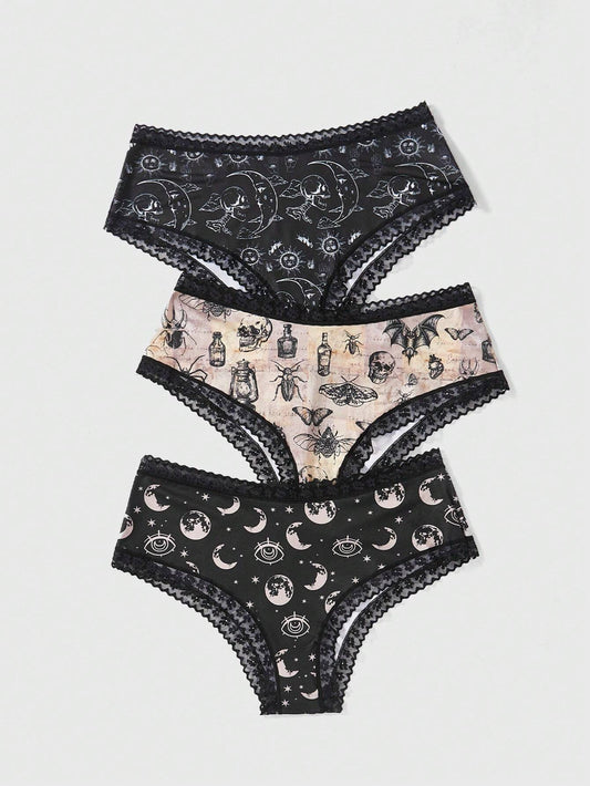 Academia Plus 3-pack Lace-Trim Panties with Moon & Skull Print