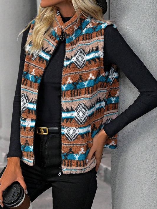 Fleece vest jacket with zip-up closure and geometric pattern.