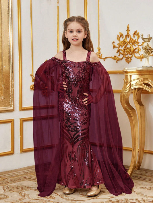 Off-the-Shoulder Long Sleeve Sparkling Mermaid Dress with Patchwork Detail for Tween Girls.