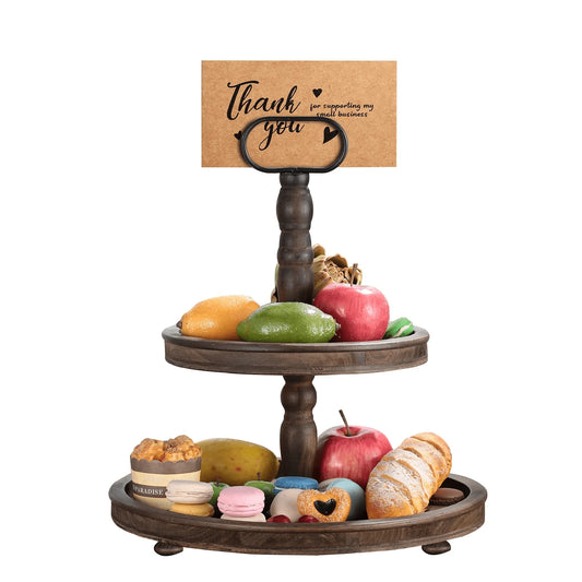 Vintage White Wood Two-Tier Tray Stand with Metal Handle - Cake, Cupcake, Cookie, Coffee Bar Display - 2 Tier Wooden Farmhouse Tray