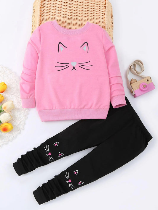 Pullover and pants set with cartoon graphics for toddler girls.