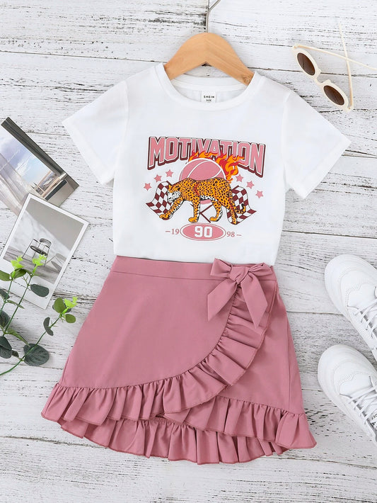Leopard and letter graphic tee paired with a skirt featuring ruffle trim and knot side detail for young girls
