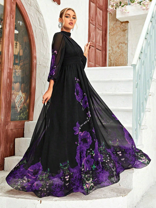 Chiffon Dress with Floral Print and Lantern Sleeves
