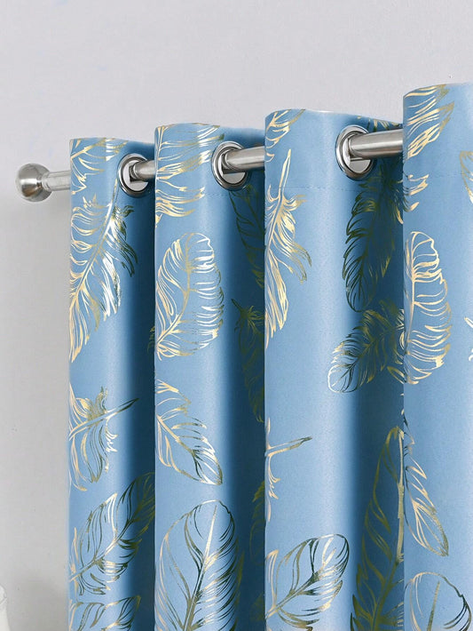 Blue Thermal Insulated Blackout Curtain with Gold Printed Pattern