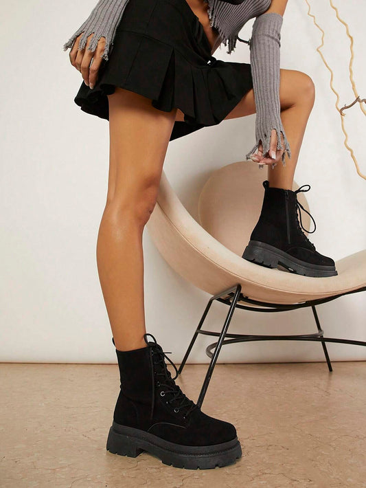 Combat Boots with Lug Sole, featuring Lace-Up Design and made of Faux Suede.