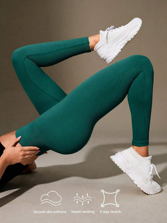 Yoga Essential Solid Color Ribbed Texture Elastic Sports Leggings