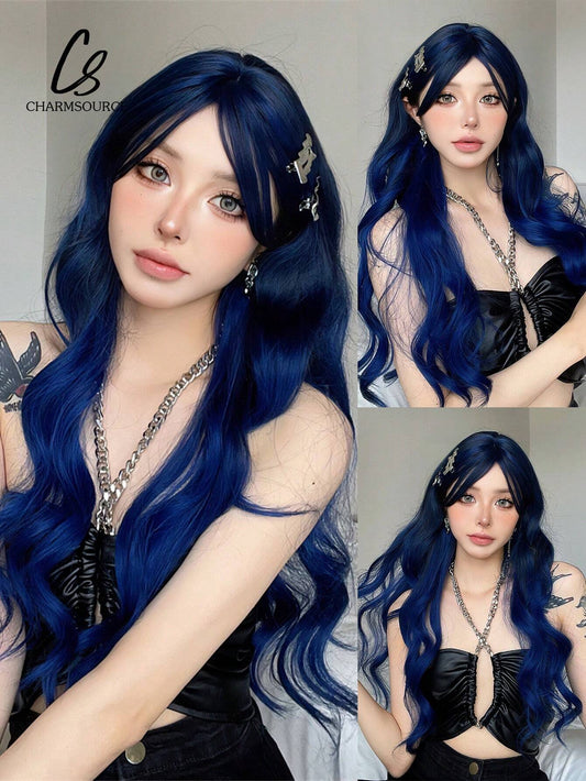 tylish wigs: Dark green, 28-inch long curly wig with medium part bangs for daily wear. Offers natural scalp simulation. Ideal for parties, cosplay, weddings