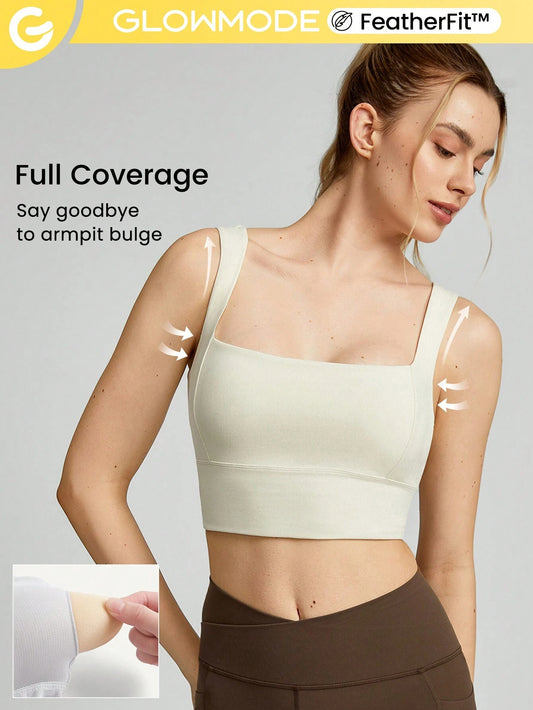 Sports bra with full coverage and side support, featuring a square neckline. Provides light support for low-impact activities such as yoga and daily wear.