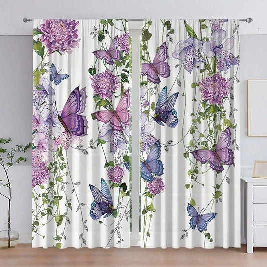 Pink Butterfly & Wisteria Flower Digital Printed Curtain Set: 2 Pieces