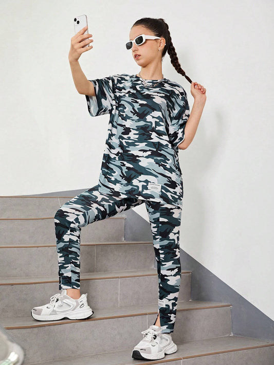 Drop Shoulder Tee and Leggings Set with Camo Print for Teenage Girls.