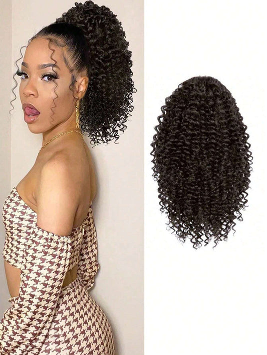 Short kinky curly ponytail extension, 8 inches long, with natural drawstring and two clips. Synthetic afro style for women.