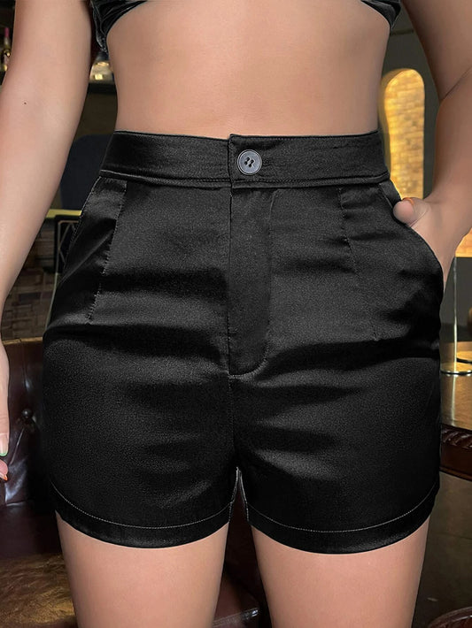 High-waisted satin shorts with slant pockets