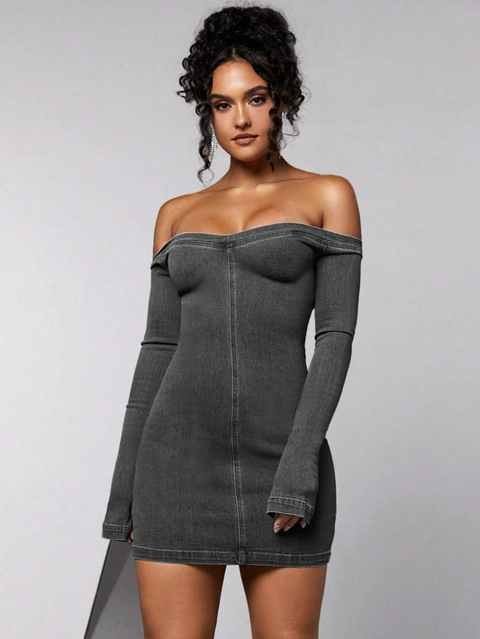 Bodycon Denim Dress with Off-Shoulder Design.
