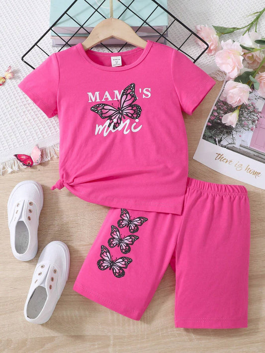Tee and shorts set for young girls featuring butterfly and slogan graphics.