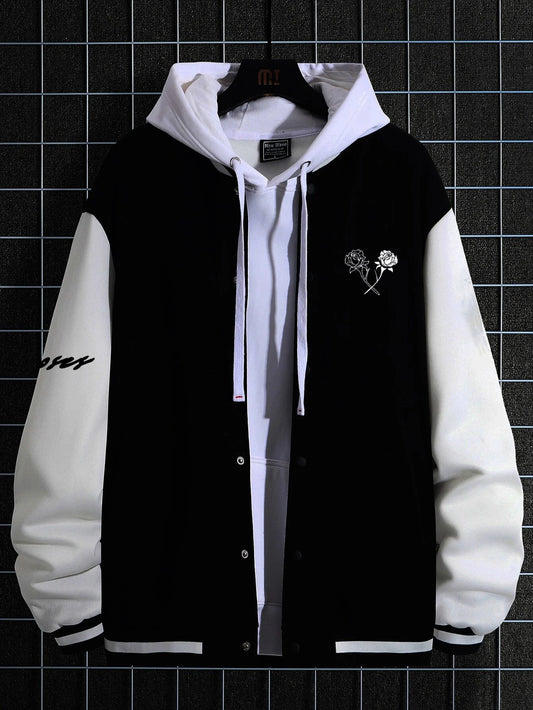 "Loose-Fit Varsity Jacket for Men by Manfinity Hypemode, No Hoodie Included, with Letter Graphic and Striped Trim, Features Drop Shoulder Design."