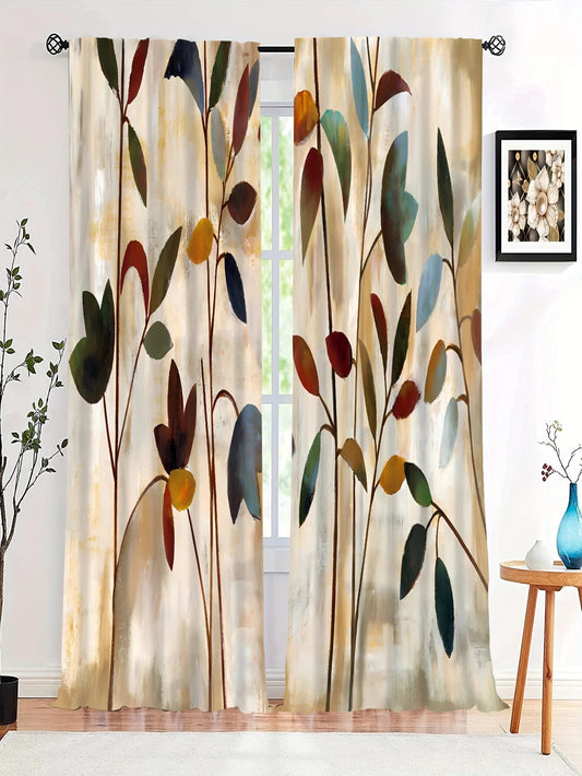 Watercolor Plant Leaf Pattern Curtains: Polyester Art Curtains for Shading