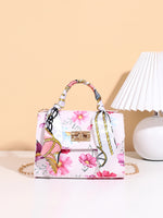 Floral Printed Silk Scarf Chain Embossed PU Leather Handbag Accessory