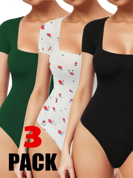 Set of three tight jumpsuits for women with a square neckline, all in solid colors.