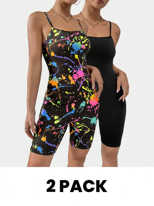 Summer sleeveless bodysuit jumpsuit romper set with casual ink splash print.