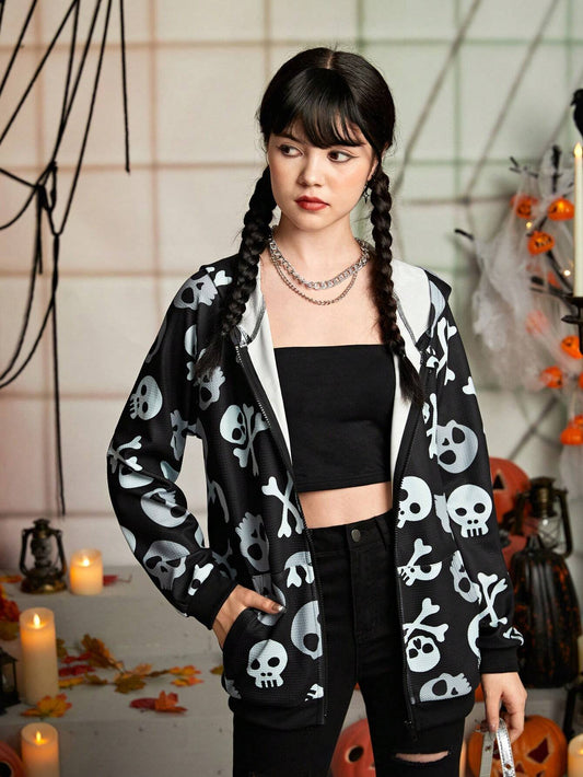 Hooded Jacket with Skull Print, Zip-Up Closure, Designed for Teenage Girls for Halloween.