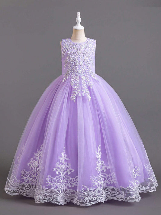 Sleeveless Tulle Party Dress with Floral Decals for Big Girls.