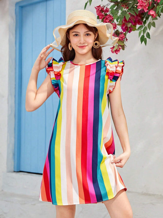 Casual dress for teenage girls featuring a woven rainbow stripe pattern and ruffle edge detailing.