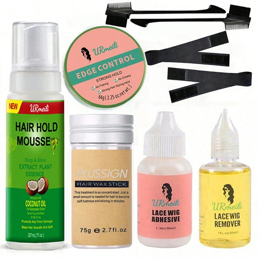 "9-Piece Lace Wig Installation Kit: Includes Wig Glue, Coconut Oil Infused Olive Oil Hold, Wig Glue Remover, Edge Control Hair Styling Gel, Hair Wax Stick, 2 Wig Bands, and 2 Wig Brushes. Suitable for All Hair Types."