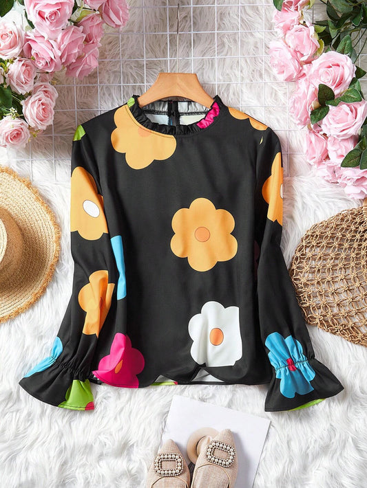 Floral Print Long Sleeve Pullover Blouse for Women