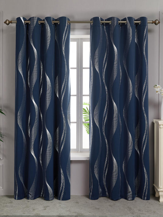 Set of 2 Deconovo Blackout Curtains: Thermal Insulated Wave Striped Foil Print Window Curtains, 52 Inch Width, Room Darkening Curtains for Bedroom