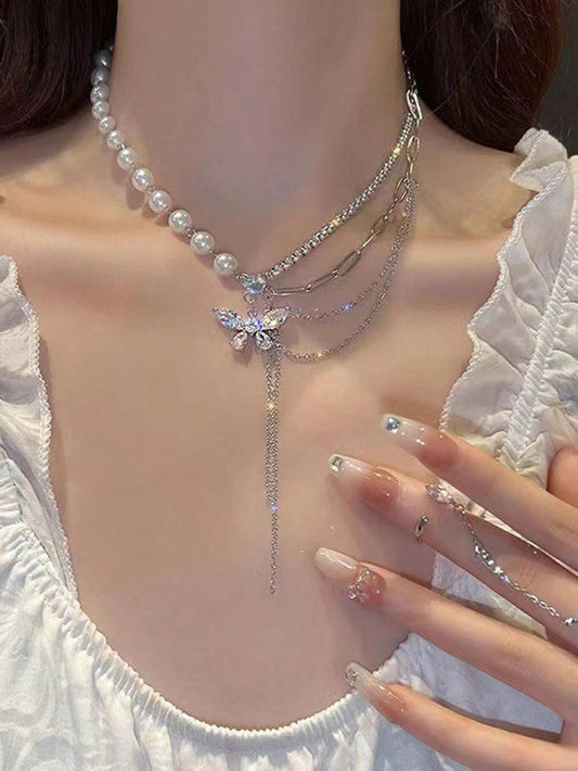 One-piece Charming Golden Alloy Necklace with Imitation Pearl, Butterfly, and Tassel Details for Women - Ideal for Dating, Adding a Sweet and Cool Touch.
