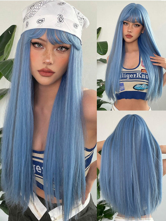 Long straight synthetic wig in blue with bangs, 26 inches in length.