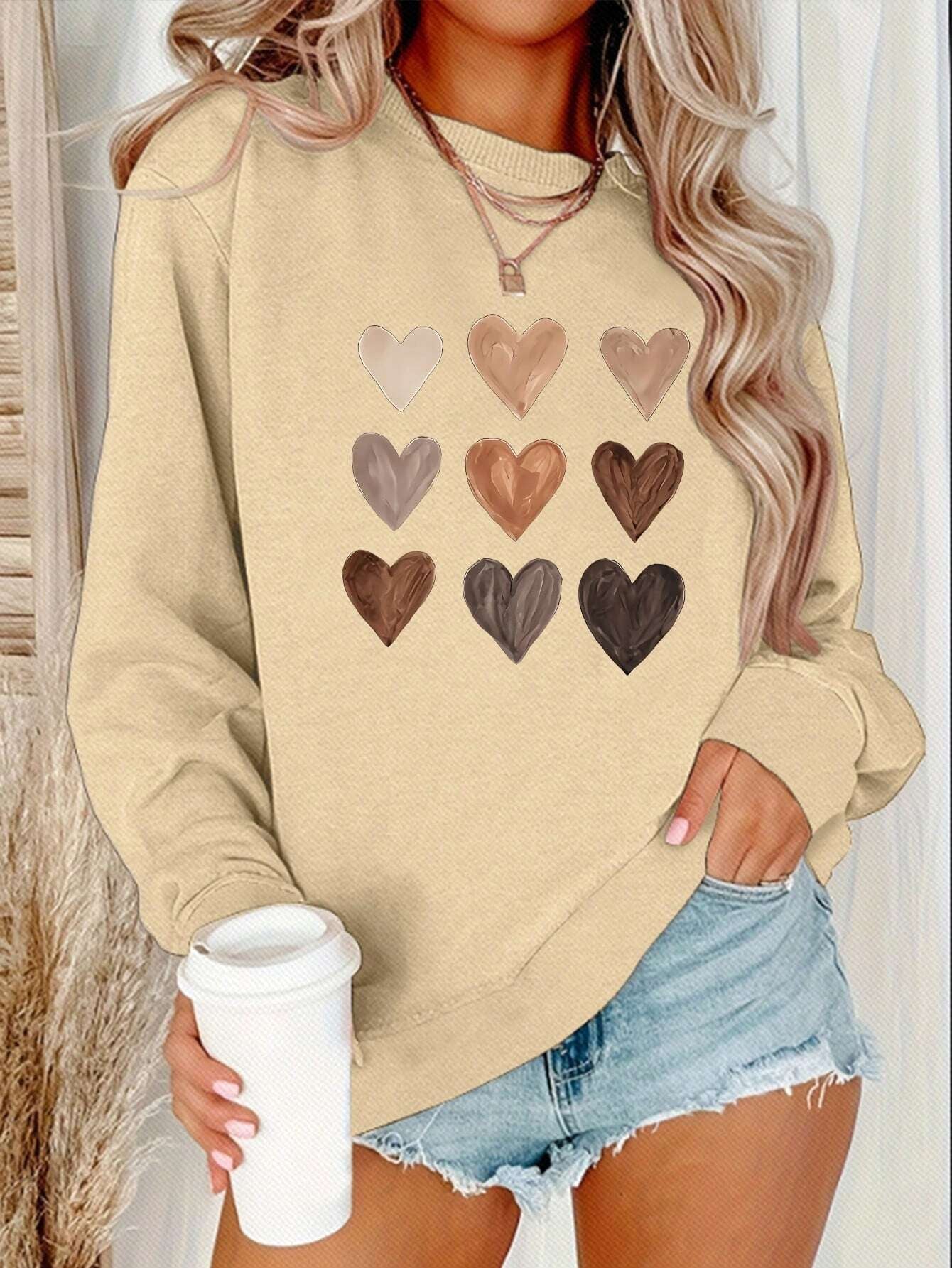 Casual Style Women's Heart-Shaped Pattern Round Neck Long Sleeve Mid-Length Sweatshirt