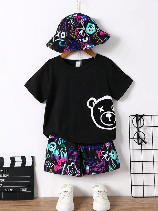 Tee, shorts, and hat set with bear print for young boys.