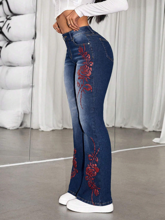 Denim Bell-bottom Jeans with Floral Print for Women