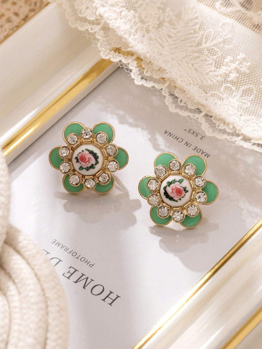 Pair of Hand-Painted European Style Antique Enamel Flower Clip-On Earrings, Suitable for Daily Wear and Festival Events.
