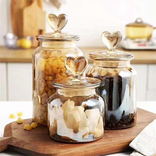 Transparent Glass Food Storage Jar with Heart Lid - Air-Tight Sealed Container for Kitchen, Pickles, Honey, Lemon, Tea - Available in 650ml, 950ml, and 1350ml