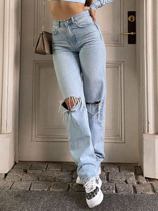 Straight Leg Jeans with Distressed Wash