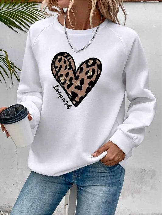 LUNE Women's Pullover Sweatshirt with Letter, Heart, and Leopard Print.