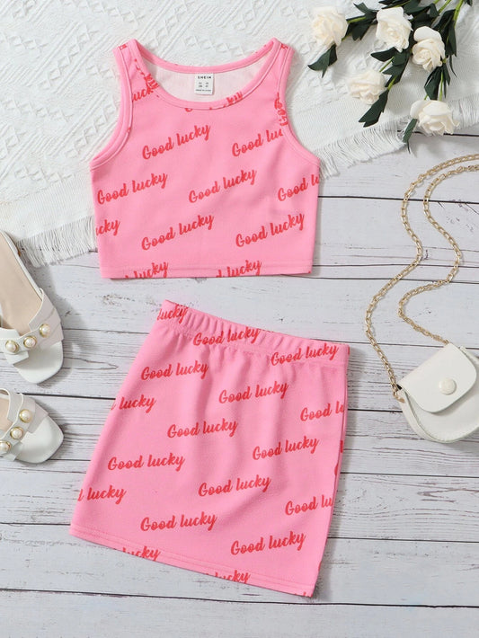 Tank top with slogan graphic paired with a skirt set for young girls