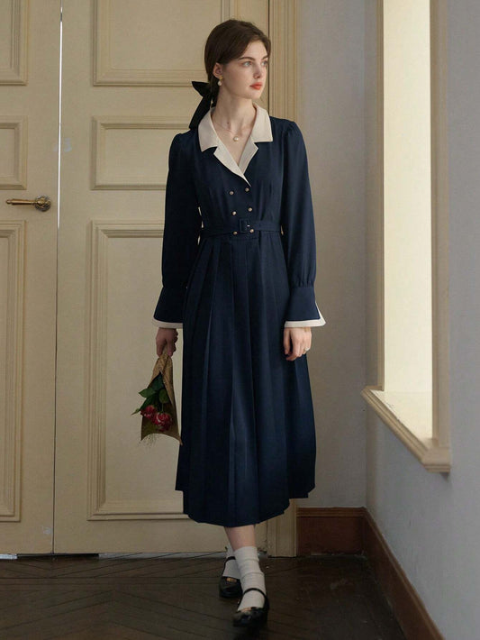 Retro Patchwork Button Neck Long Dress - Simple Women