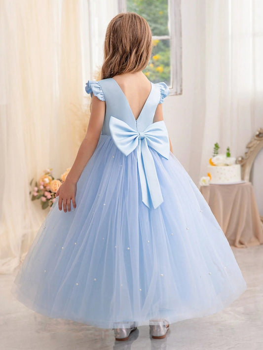 Tween girls' princess dress featuring butterfly decor, beaded sleeves, and layered mesh, ideal for various occasions such as birthdays, dances, weddings, school performances, daily wear, piano recitals, and hosting.