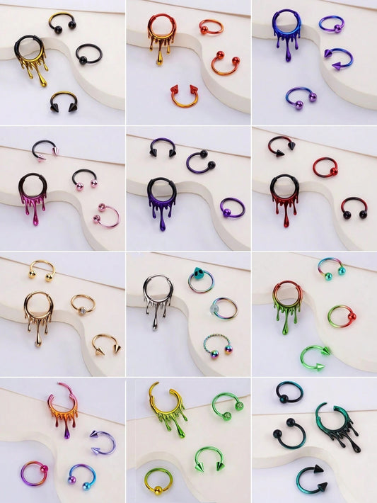 Set of 4 Cool Punk Piercing Jewelry: 16g Stainless Steel Color Lava Nose Rings