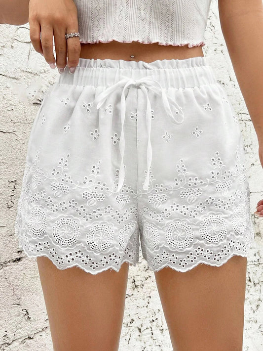 Scallop Trim Eyelet Embroidery Knot Front Shorts